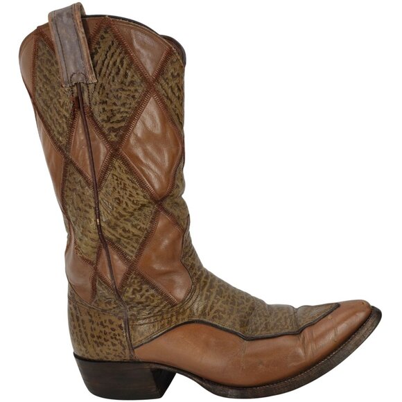 Vintage Nocona Boots Exotic Shark skin + Leather Diamond Patchwork Cowboy Men 9D - Picture 2 of 14